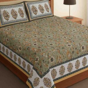 Royal Garden Handblock Printed Cotton Bedsheet – Olive Green & Gold